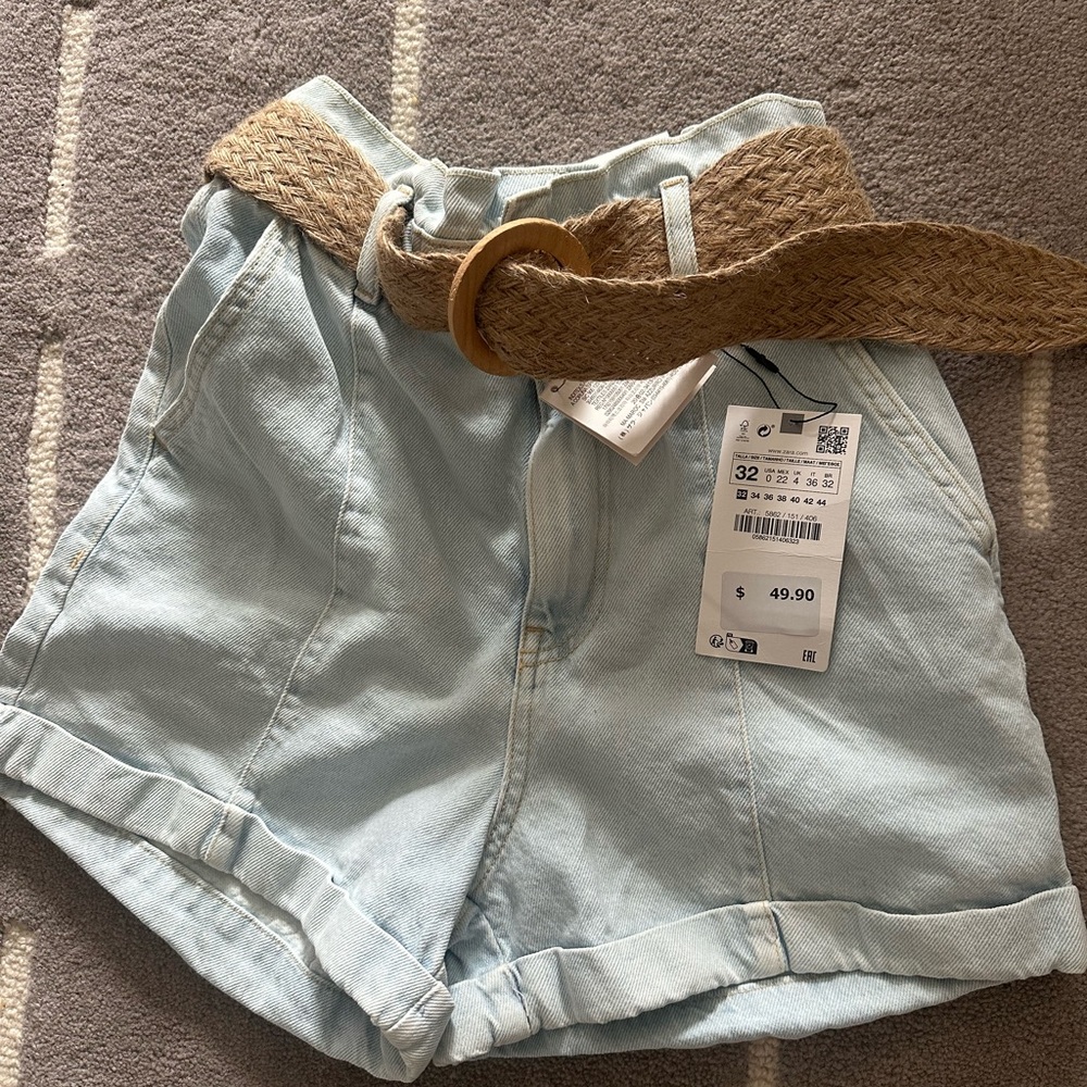 NWT- Zara Light Blue High Waist Shorts with Woven Belt